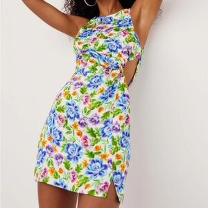 For Love & Lemons Lucy Mini Floral Dress Blue and Yellow Halter Sundress Spring